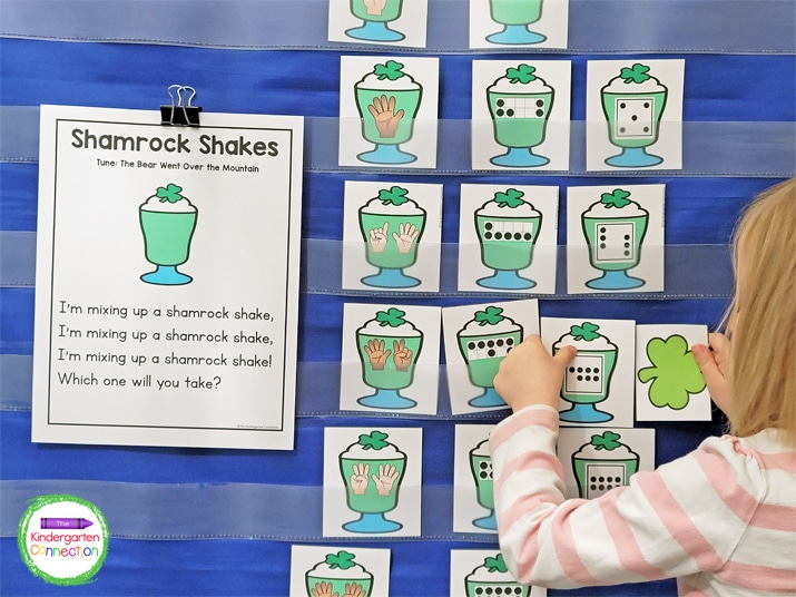 After subitizing the number on the shake card, students can check to see if the shamrock is hidden behind it.