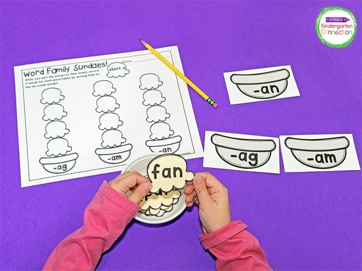 Students will pick an ice cream word card, look at the word family bowls, and decide which bowl to add the word card to.