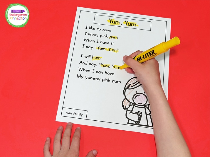 The students can go through and highlight the words that belong to the word family in the bottom corner.