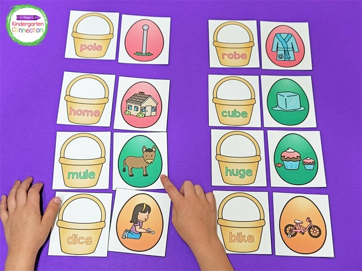 The color of the CVCe words matches the egg picture cards making this activity self-correcting.