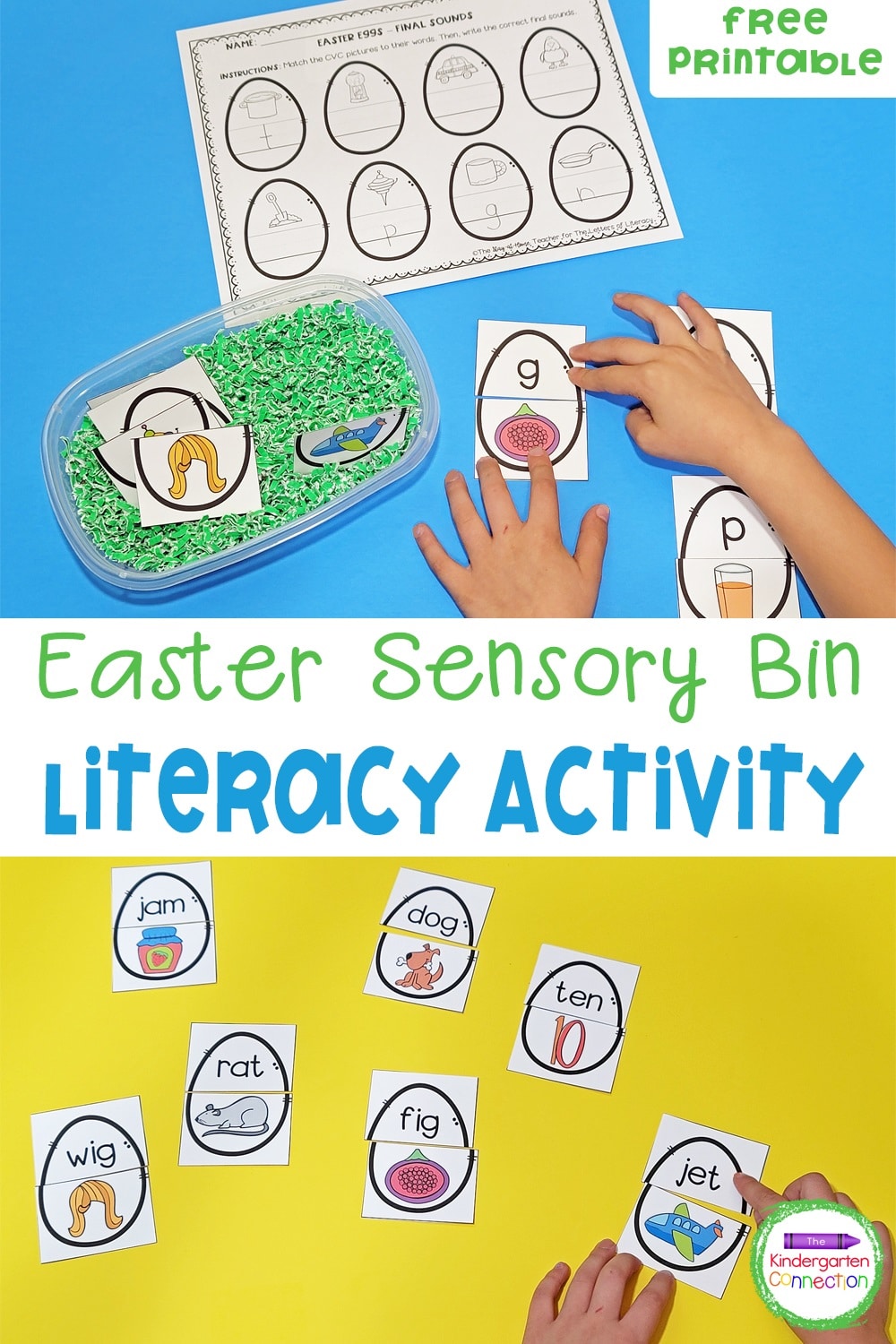 This free Easter Sensory Bin Literacy Activity is a great hands-on way to practice early literacy skills like CVC words and ending sounds!