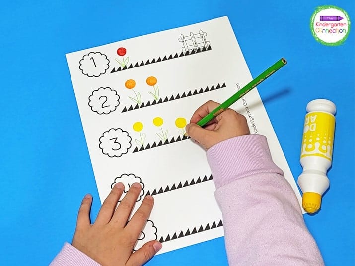 Students can choose a color for each flower to work on counting and color recognition.