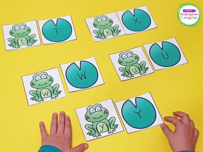 Place the letter cards face up so students can find the uppercase and lowercase matches.