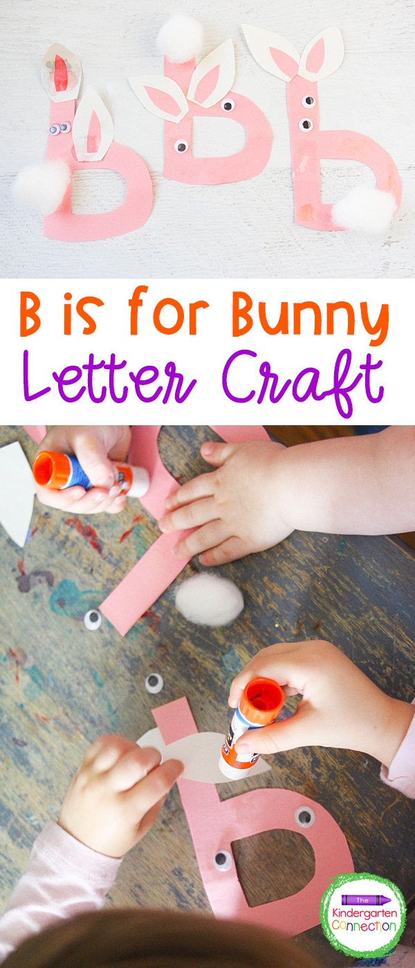 Create this B is for Bunny letter B craft for kindergarten. These alphabet letter crafts can help grow fine motor skills while learning letter skills.
