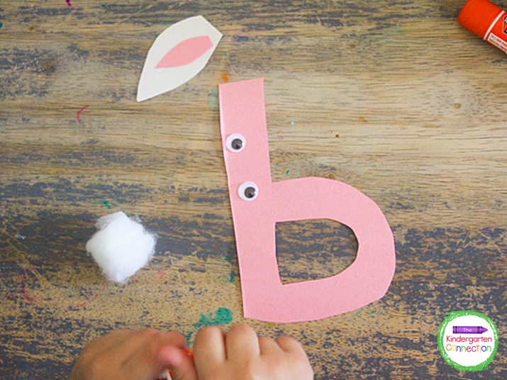 Create this B is for Bunny letter B craft for kindergarten. These alphabet letter crafts can help grow fine motor skills while learning letter skills.