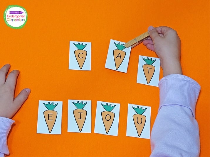 You can also use the carrot alphabet cards to work on simple CVC words like "cat".