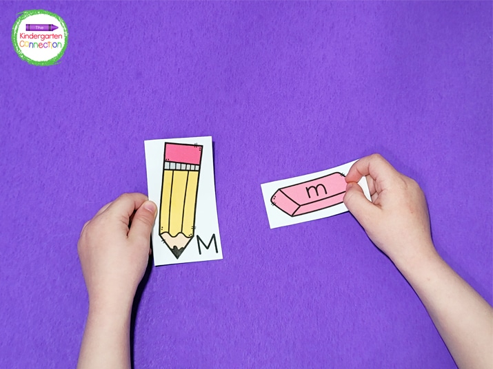 To play, students choose an uppercase pencil card and find its lowercase letter match.