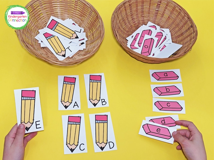 We start the game by putting the cards in ABC order for extra alphabet practice.