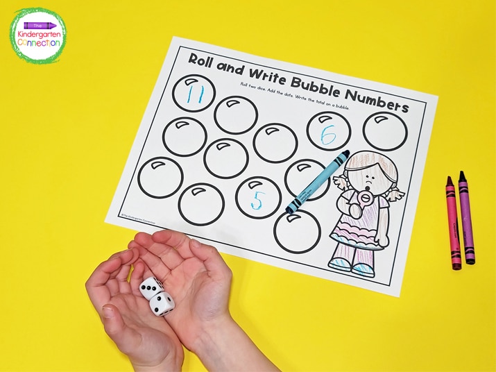 Students will work on number sense as they roll the dice, count or subitize the dots, and write that number on the bubble.