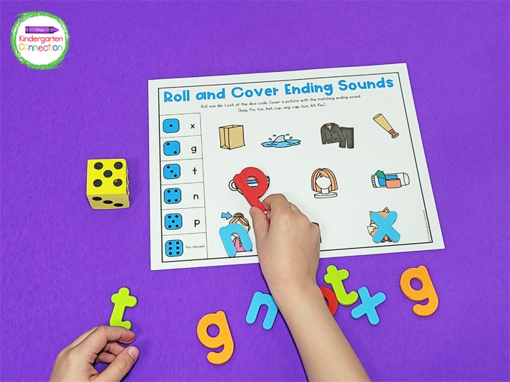 On the Roll and Cover Letter Sounds Printables, kids roll a die and use the dice code to determine which picture to cover up.