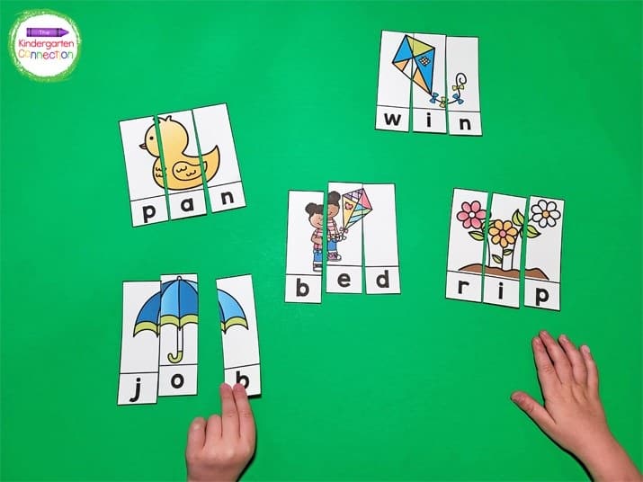 Start by printing out the CVC word puzzles, laminating them, and cutting them out along the vertical lines.