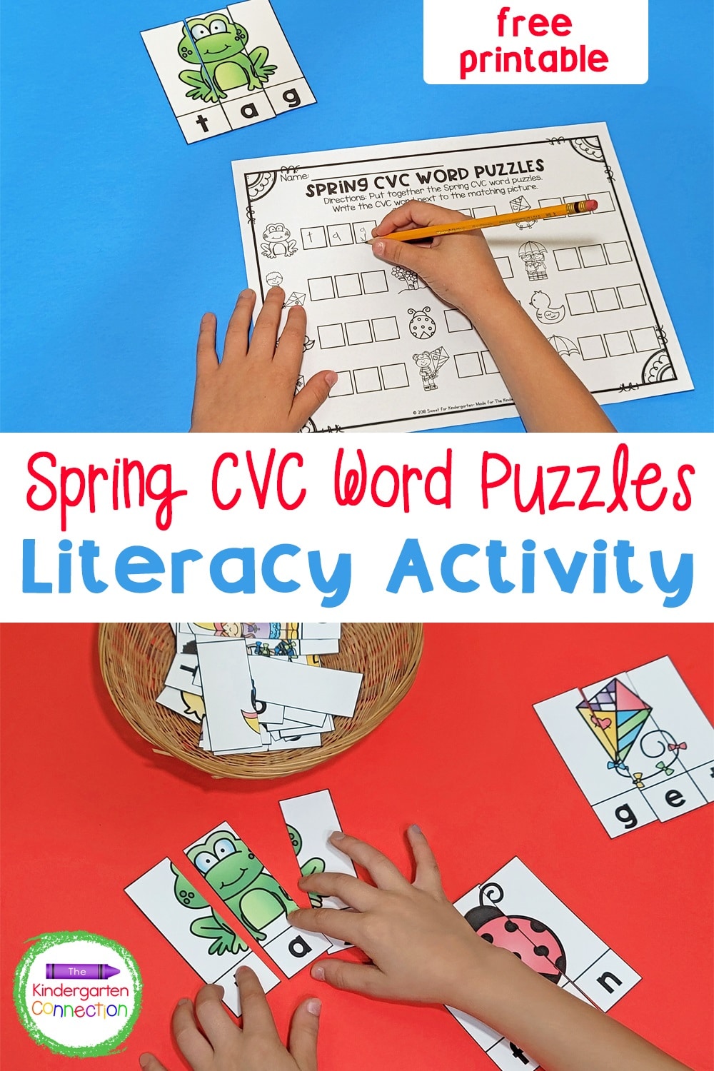 These free Spring CVC Word Puzzles are perfect for spring literacy centers or small groups in Kindergarten or 1st grade!