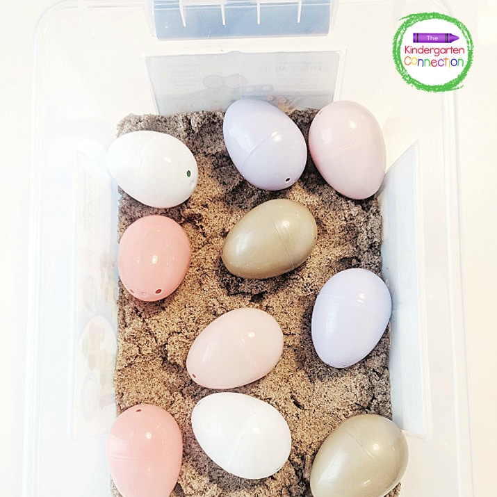 Egg Sensory Bin with frugal supplies that you already have on hand! Our favorite way to use this sensory bin is for a Letter Find activity!