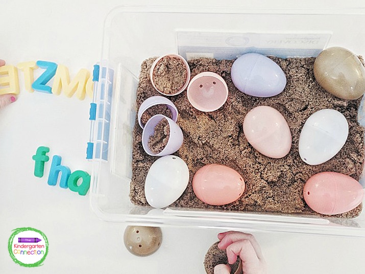 Check out our Egg Sensory Bin with frugal supplies that you already have on hand! Our favorite way to use this sensory bin is for a Letter Find activity!