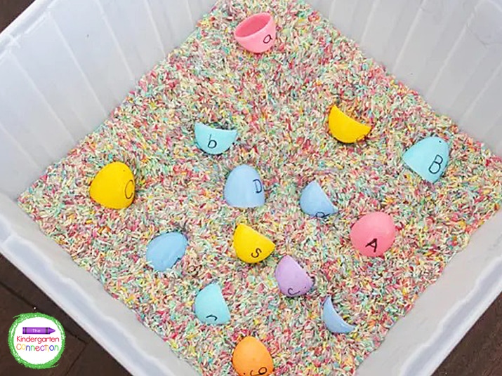 Easy literacy-building sensory bins like this Rainbow Egg Letter Matching Easter Sensory Bin are perfect for practicing upper and lowercase letters.