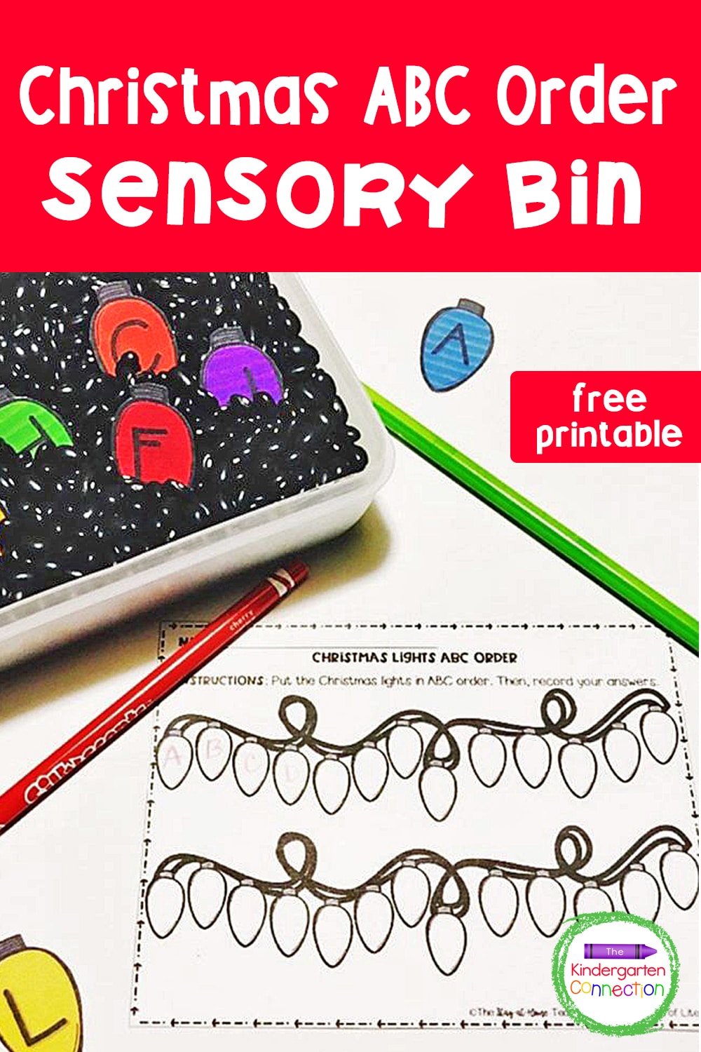 FREE Christmas Lights ABC Order Sensory Bin Printables for Kindergarten!