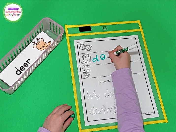 Add the recording sheet to a dry erase pocket sleeve to make this phonics writing activity reusable.