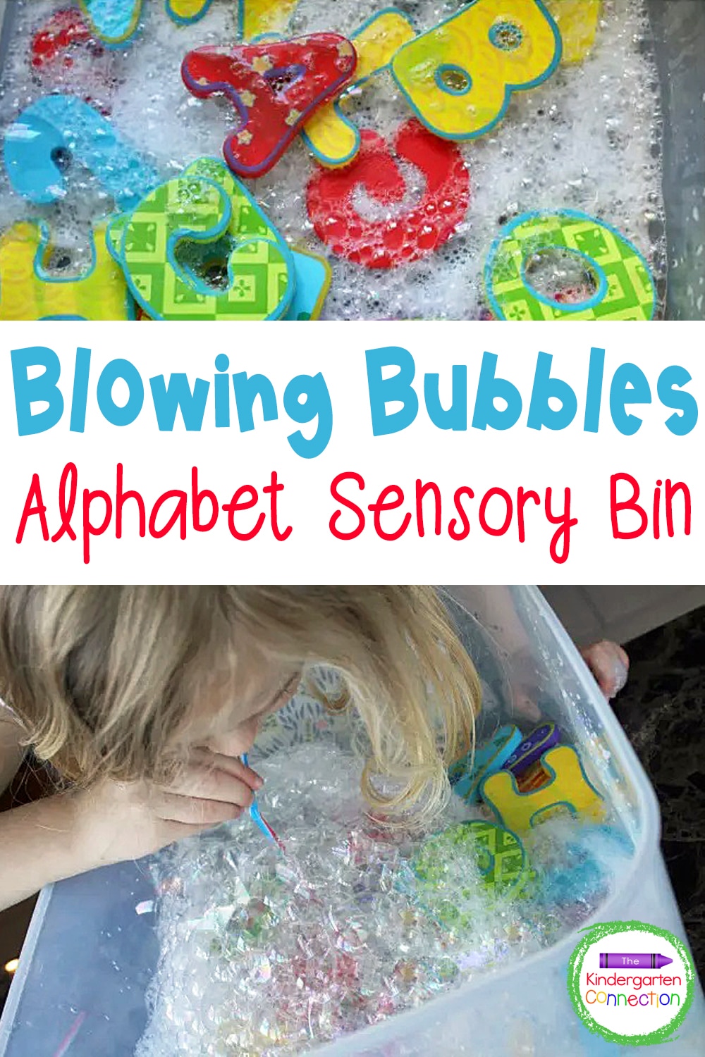 What a fun alphabet sensory bin for preschoolers and kindergarteners! Blow bubbles and have hands on fun with letters and sounds. 