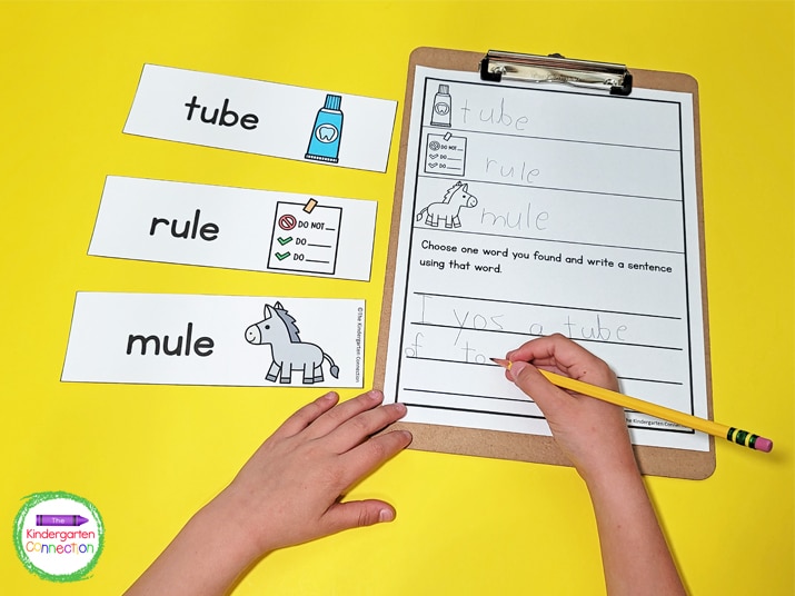 The second version of the back page includes 3 additional pictures for labeling and blank lines for kids to write their own sentence.