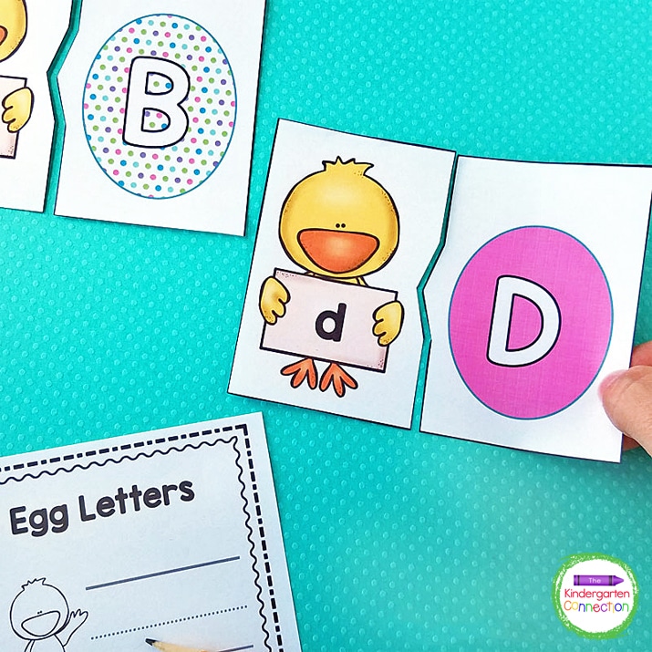 This free printable letter matching activity is perfect for Pre-K and Kindergarten students to work on uppercase and lowercase letters this Easter and spring season! It is such a fun and easy-prep literacy center.