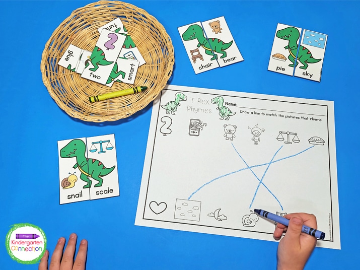 Kids will identify the fun pictures on the dinosaur puzzle pieces and find their rhyming matches.