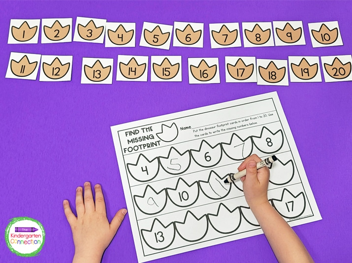 Kids can fill in the missing numbers on the Find the Missing Footprint printable.