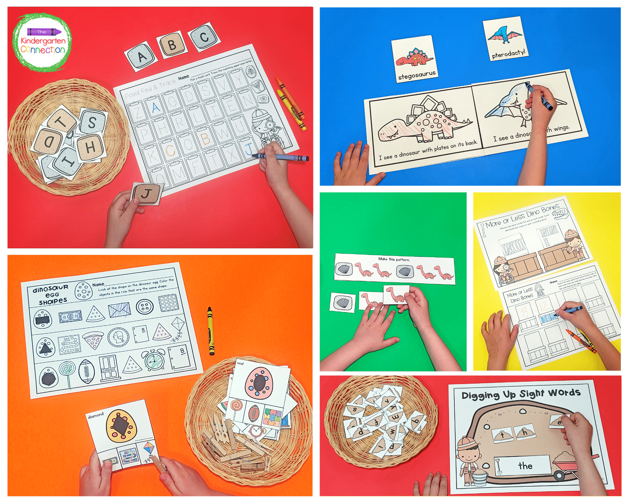 This resource pack includes hands-on dinosaur-themed math and literacy activities.