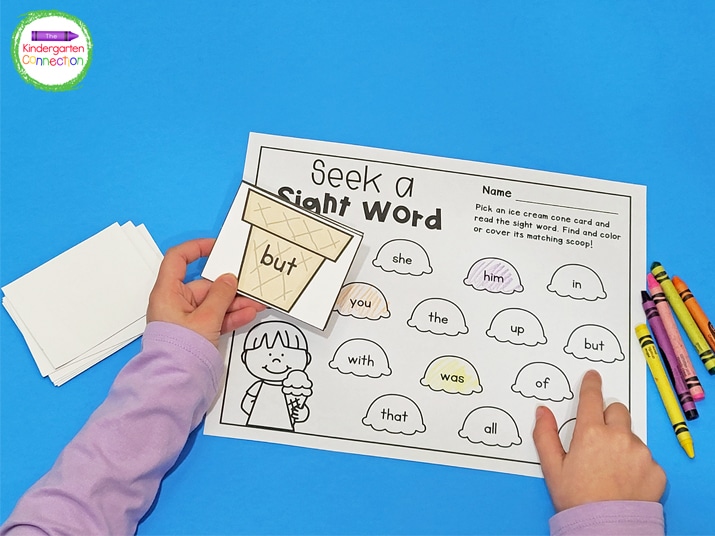 Students pick a sight word cone and color the matching ice cream scoop on the recording sheet.
