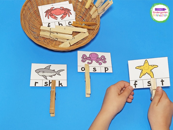 The clip cards have fun and colorful pictures of ocean animals on them for students to name.