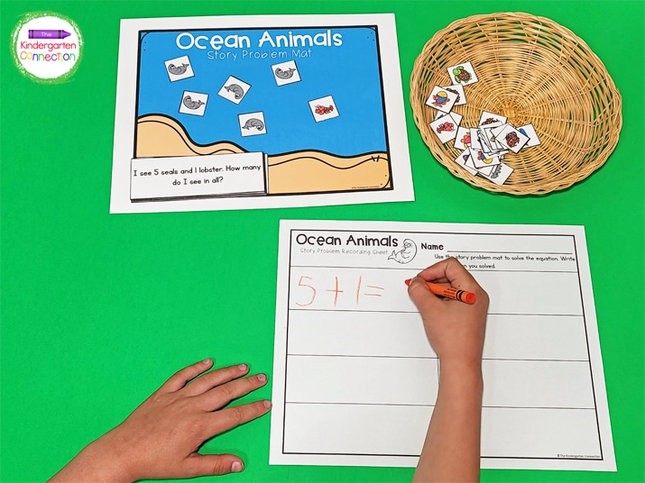 Practice addition skills with the Ocean Animals Story Problem Mat.