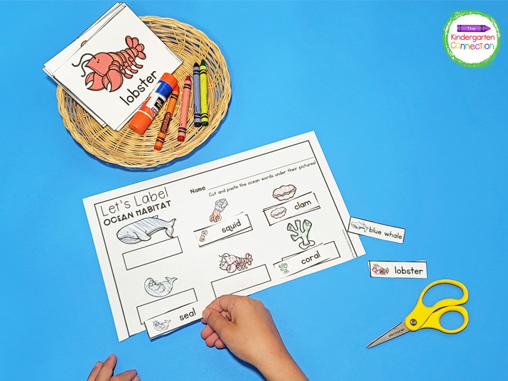 Learn the names of ocean animals and what they look like with the Let's Label Ocean Habitat printable.