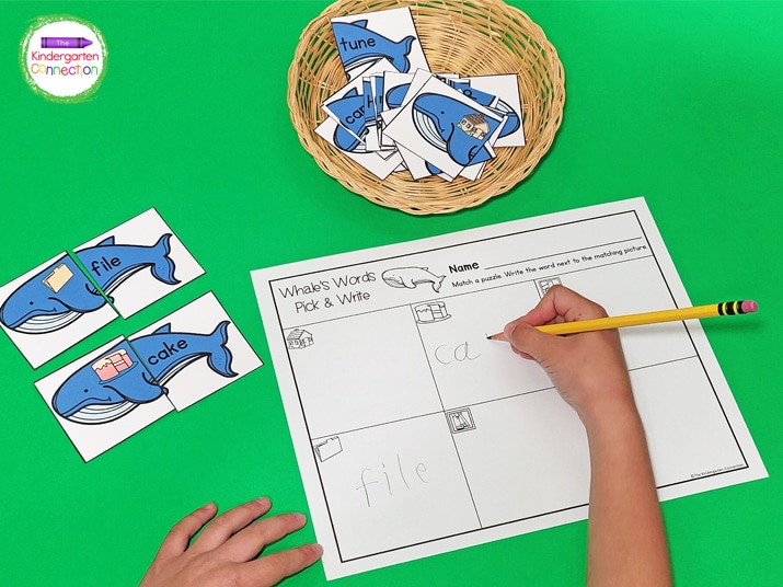 Have your students practice reading and writing CVCe words with the Whale's Words Pick and Write printable.