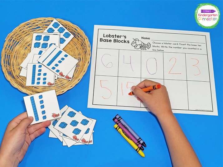 Work on counting skills and base ten blocks with the Lobster's Base Blocks activity.