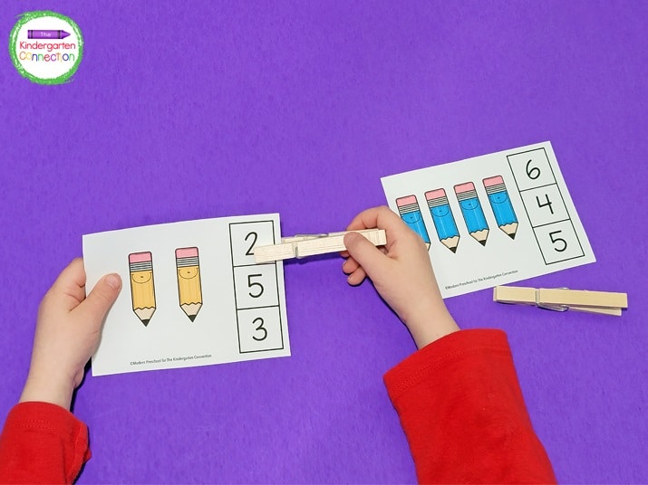Students will count the pencils on the card and clip the correct number.