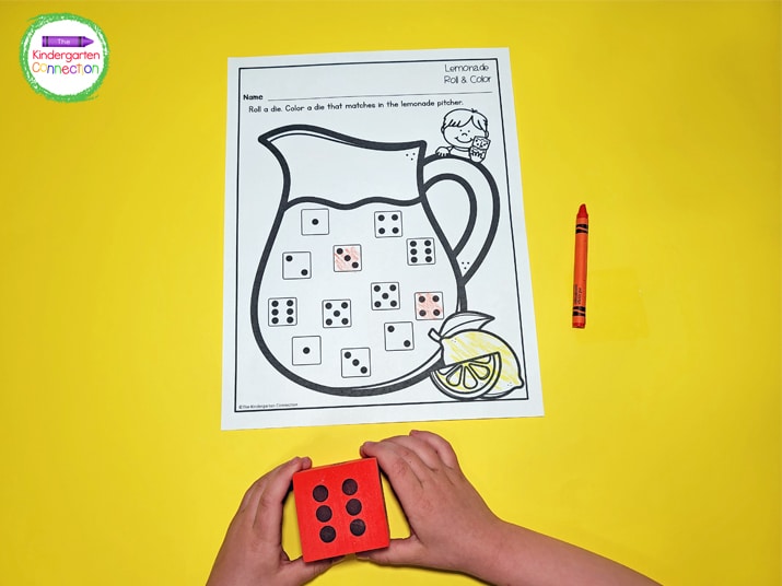 To play, kids roll a die and color the matching die on the Roll and Color printable.