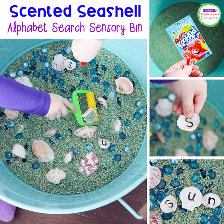 As the summer gets closer, my kids and I are equally anxious for lazy beach days so I thought a Tropical-scented Seashell Alphabet Search Bin would be a great way to close out the year.