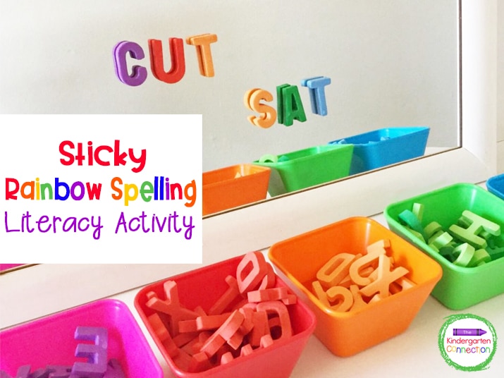 This sticky rainbow spelling activity is perfect for working on spelling and sight words with Kindergarten and 1st grade students! Such a hands-on, multi-sensory way to learn. They will have so much fun with this word work center! 