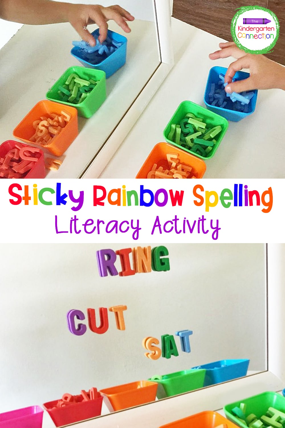 This sticky rainbow spelling activity is perfect for working on spelling and sight words with Kindergarten and 1st grade students! Such a hands-on, multi-sensory way to learn. They will have so much fun with this word work center! 