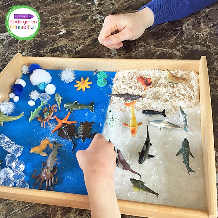 Playing with a small world is the ideal environment to work on early literacy skills together. This under the sea small world is such fun! 