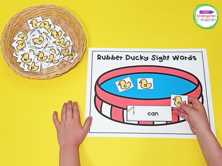 Students can pick a sight word card and use the rubber ducky letters to spell the word on the mat.