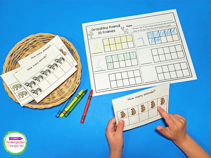Work on counting skills and ten frames with the Grassland Animals 10 Frames activity.