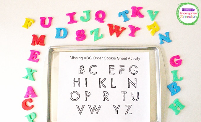 Teaching alphabetical order and letter identification is even more fun with this free missing letters cookie sheet activity!