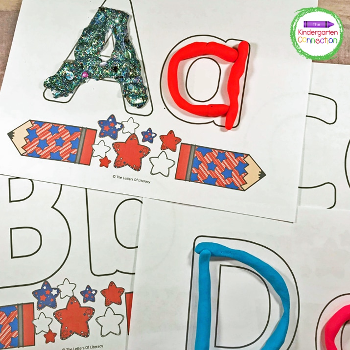 Free Printable Patriotic Alphabet Play Dough Mats, for summer, 4th of July, pre-K and kindergarten!