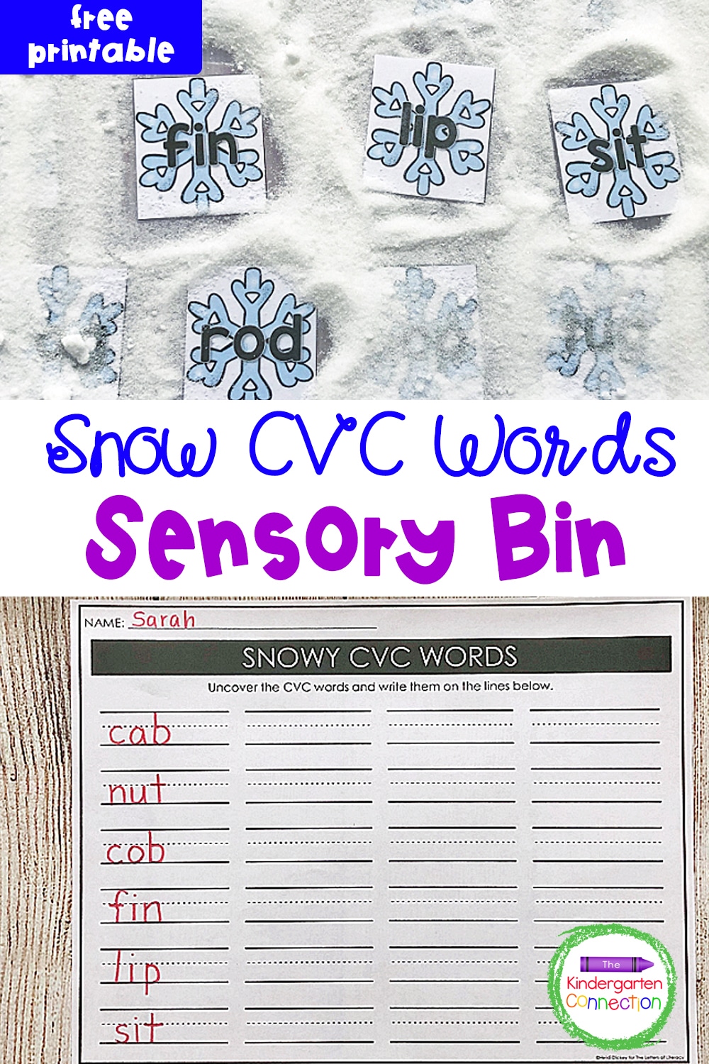 FREE Snow CVC Words Sensory Bin Printables for Winter Literacy Centers in Kindergarten!