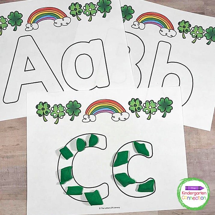These St. Patrick's Day Play Dough Alphabet Mats are so much fun! Print out the alphabet play dough mats to add to your St. Patrick's Day literacy centers in Pre-K or Kindergarten this March! 