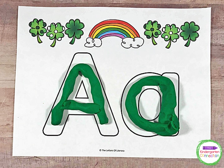 These St. Patrick's Day Play Dough Alphabet Mats are so much fun! Print out the alphabet play dough mats to add to your St. Patrick's Day literacy centers in Pre-K or Kindergarten this March! 