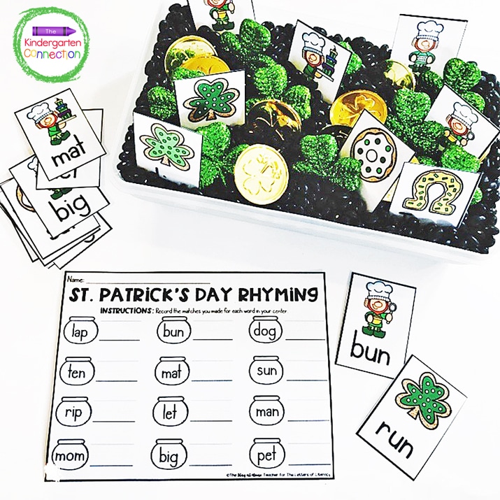 Get our FREE Printable St. Patrick's Day Rhyming Activity for your Kindergarten Literacy Center this spring! Easy prep activity comes with recording sheet!
