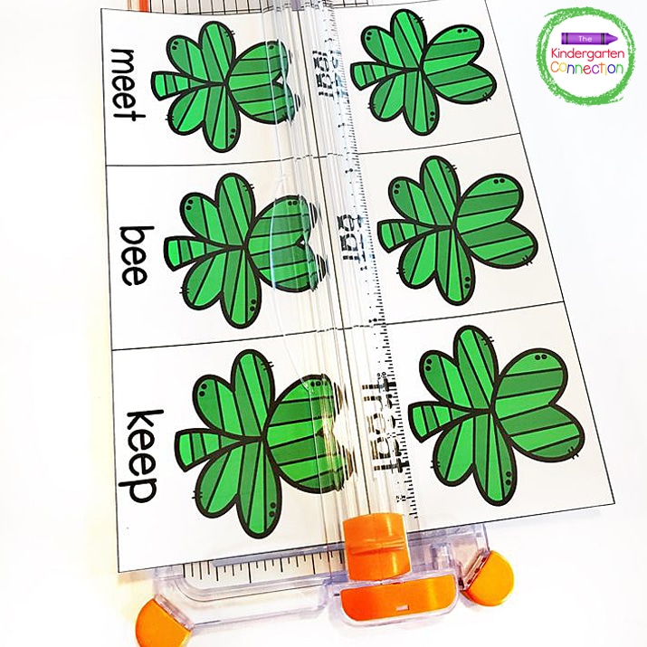 Grab our FREE Printable St. Patrick's Day Sorting Long E Activity for your Kindergarten literacy center! With many ways to play this activity will be a hit!