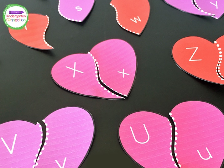 FREE Printable Valentine Alphabet Heart Puzzles for literacy center in pre-k and kindergarten for the month of February!