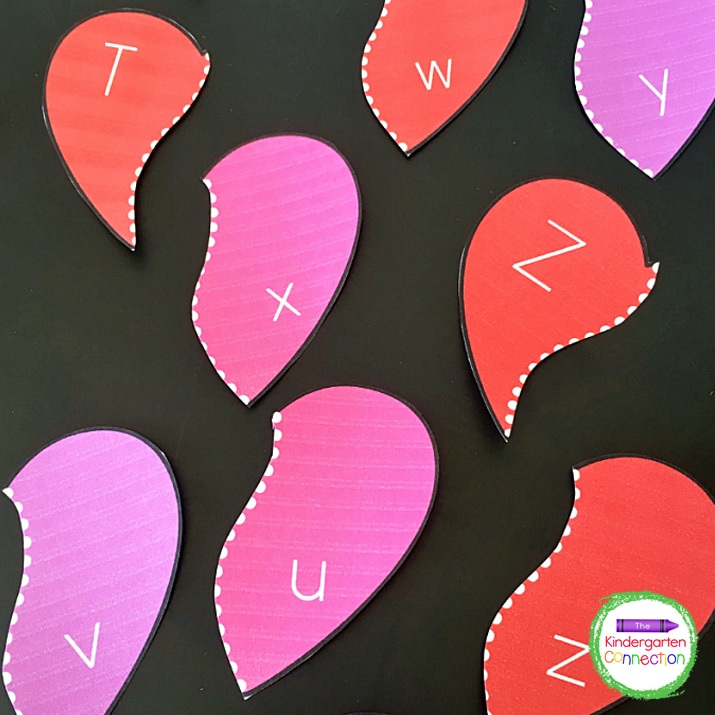 FREE Printable Valentine Alphabet Heart Puzzles for literacy center in pre-k and kindergarten for the month of February!